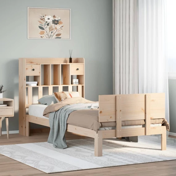 VidaXL tömör fenyőfa könyvespolcos ágy matrac nélkül 90 x 200 cm