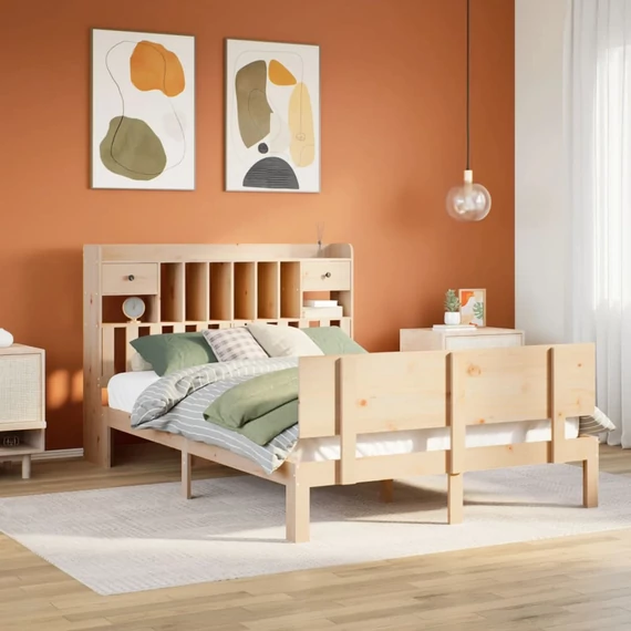VidaXL tömör fenyőfa könyvespolcos ágy matrac nélkül 140 x 200 cm