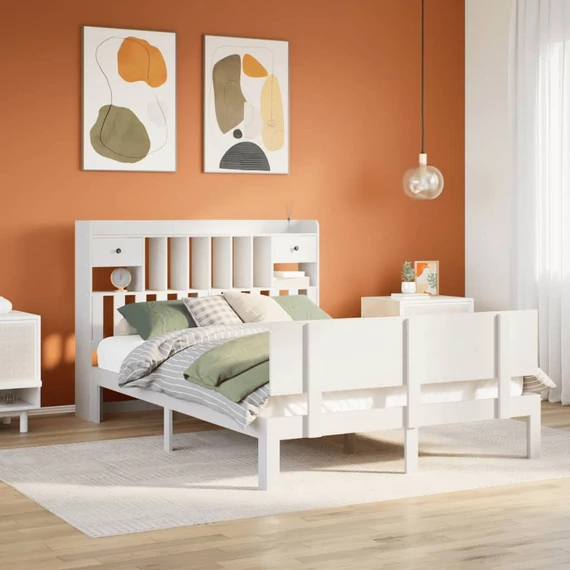 VidaXL fehér tömör fenyőfa könyvespolcos ágy matrac nélkül 160x200 cm