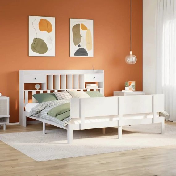 VidaXL fehér tömör fenyőfa könyvespolcos ágy matrac nélkül 180x200 cm