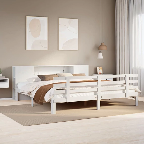 VidaXL fehér tömör fenyőfa könyvespolcos ágy matrac nélkül 180x200 cm