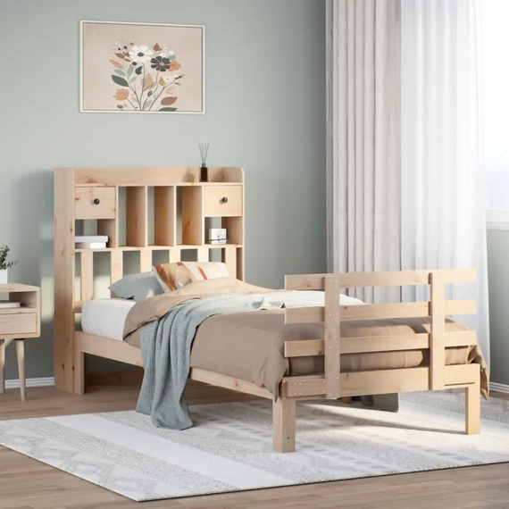 VidaXL tömör fenyőfa könyvespolcos ágy matrac nélkül 90 x 200 cm