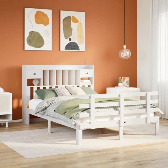 VidaXL fehér tömör fenyőfa könyvespolcos ágy matrac nélkül 140x200 cm