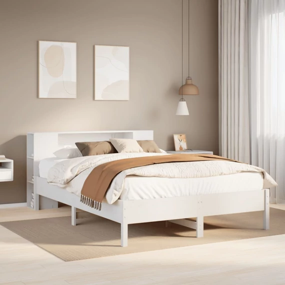 VidaXL fehér tömör fenyőfa könyvespolcos ágy matrac nélkül 160x200 cm