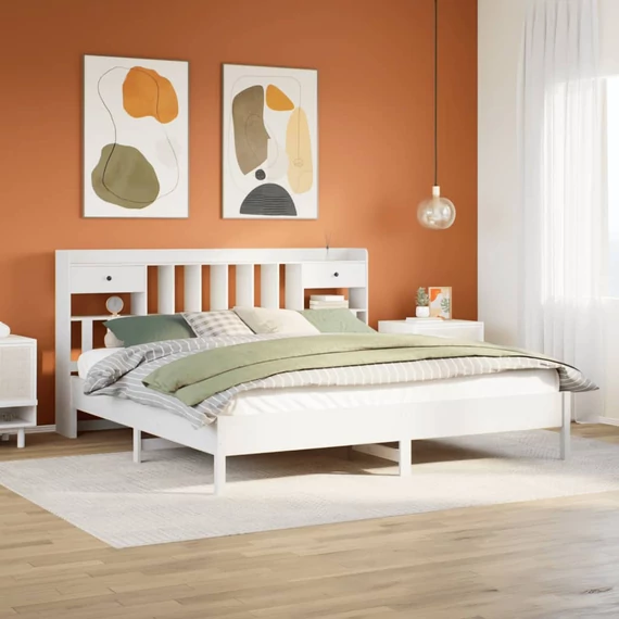 VidaXL fehér tömör fenyőfa könyvespolcos ágy matrac nélkül 180x200 cm
