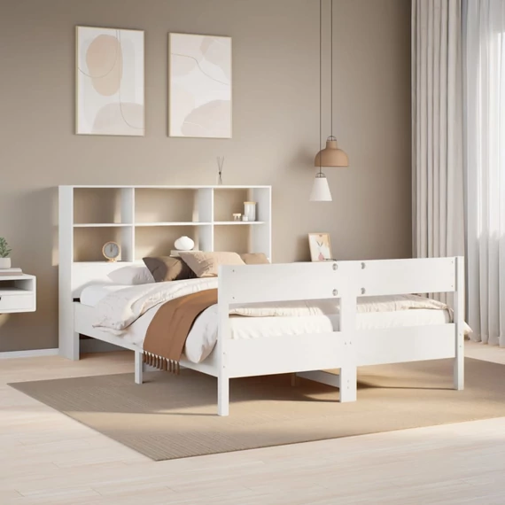 VidaXL fehér tömör fenyőfa könyvespolcos ágy matrac nélkül 160x200 cm