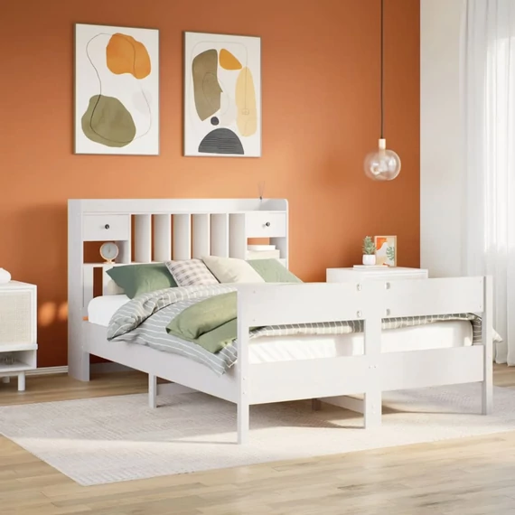 VidaXL fehér tömör fenyőfa könyvespolcos ágy matrac nélkül 160x200 cm