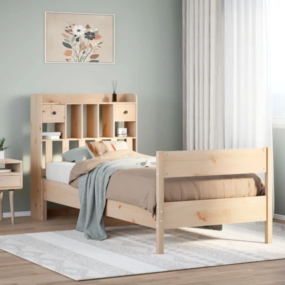 VidaXL tömör fenyőfa könyvespolcos ágy matrac nélkül 90 x 200 cm