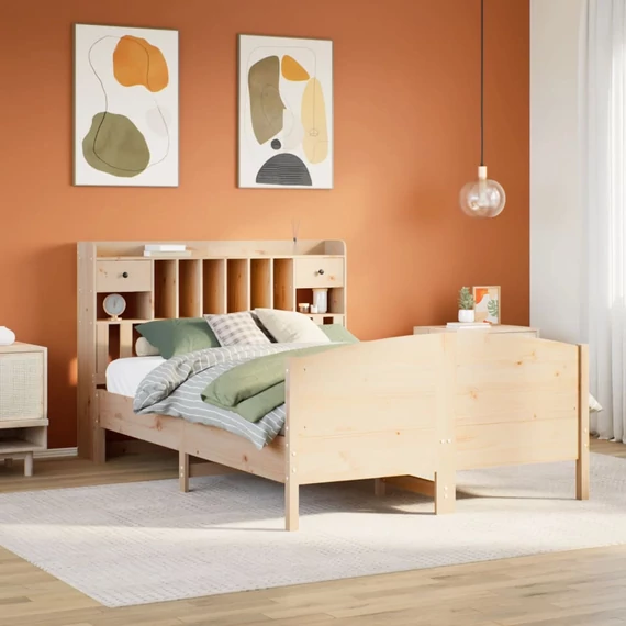VidaXL tömör fenyőfa könyvespolcos ágy matrac nélkül 140 x 200 cm