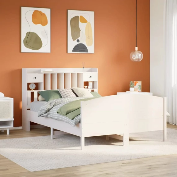 VidaXL fehér tömör fenyőfa könyvespolcos ágy matrac nélkül 140x200 cm