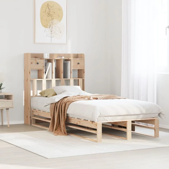 VidaXL tömör fenyőfa könyvespolcos ágy matrac nélkül 90 x 200 cm
