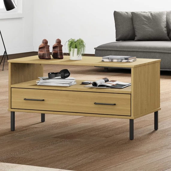 VidaXL OSLO barna tömör fa dohányzóasztal fém lábakkal 85x50x45cm