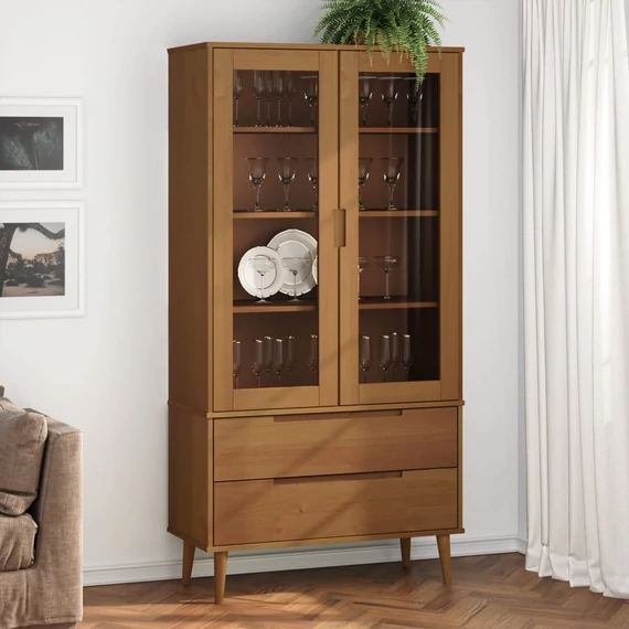 VidaXL MOLDE barna tömör fenyőfa vitrin szekrény 90 x 35 x 175 cm