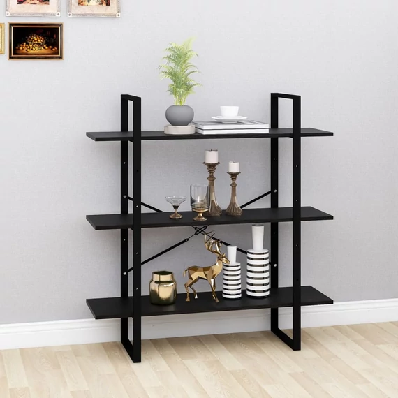 VidaXL háromszintes fekete tömör fenyőfa könyvszekrény 100x30x105 cm