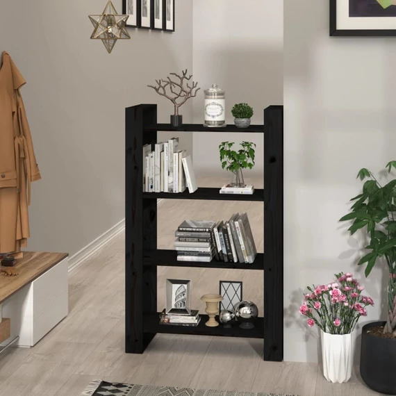 VidaXL fekete tömör fenyőfa könyvszekrény/térelválasztó 80x35x125 cm