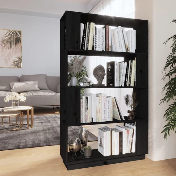 VidaXL fekete tömör fenyőfa könyvszekrény/térelválasztó 80x25x132 cm