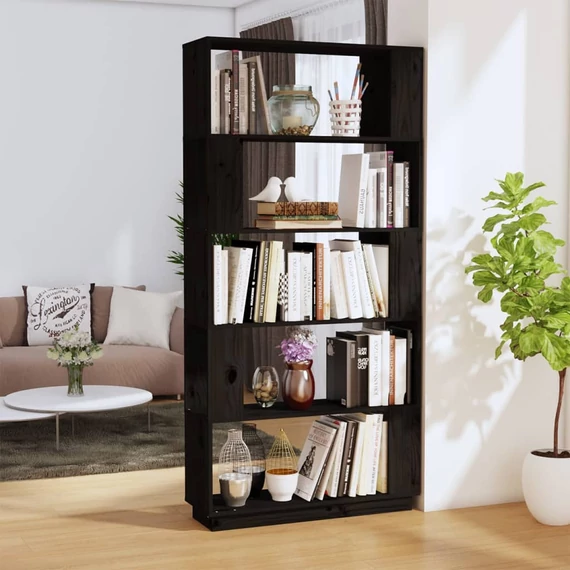VidaXL fekete tömör fenyőfa könyvszekrény/térelválasztó 80x25x163,5 cm